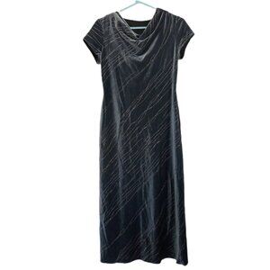 floor length steel gray velvet cowl neck dress with silver glitter stripes sz M
